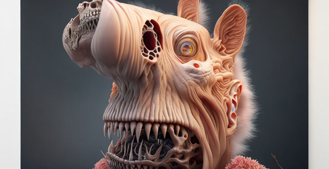 Detailed 3D illustration of dog's head anatomy with muscular and skeletal structure.