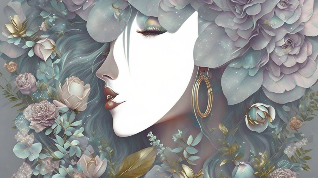 Surreal woman's profile merging with lush flower petals in pastel colors