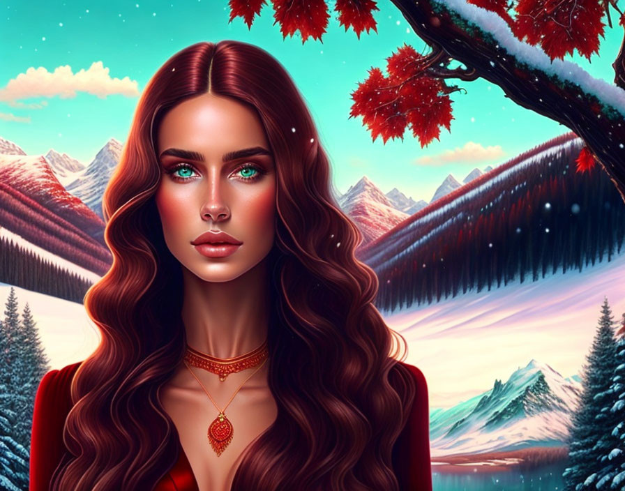 Illustrated woman with green eyes in red dress against snowy mountain landscape