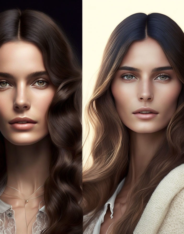 Digital artwork featuring two women with similar features and different hair types, both with intense gazes