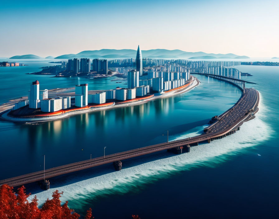 Curved bridge over blue river with modern skyscrapers and hills against clear sky