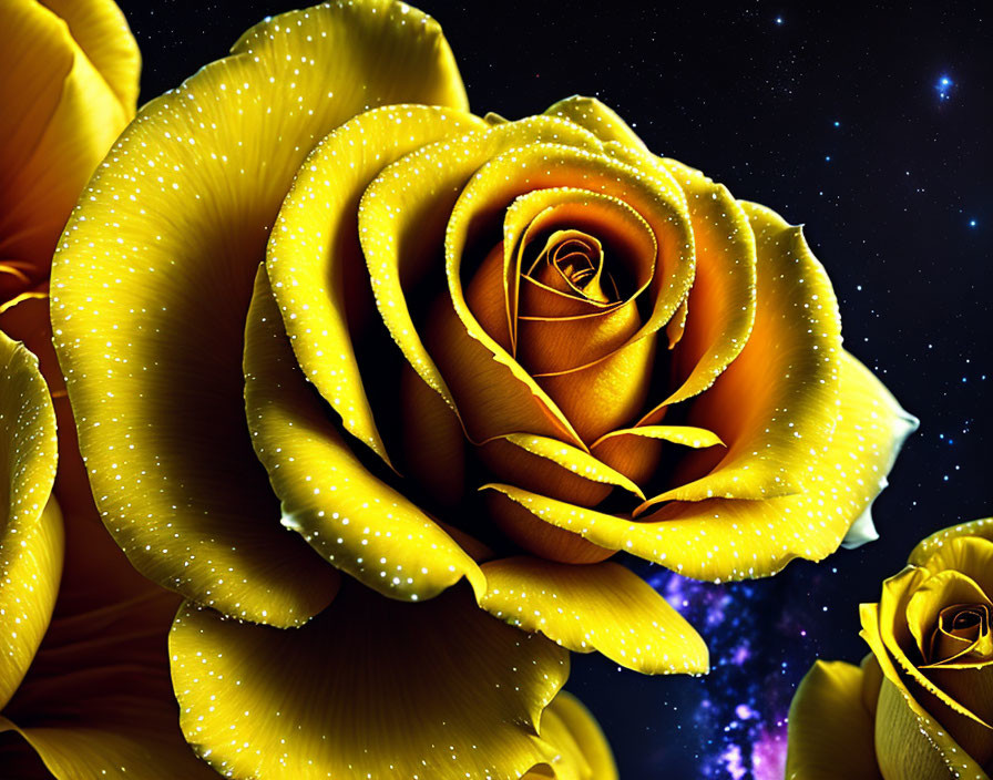 Yellow Roses with Dewdrops on Starry Night Sky Background