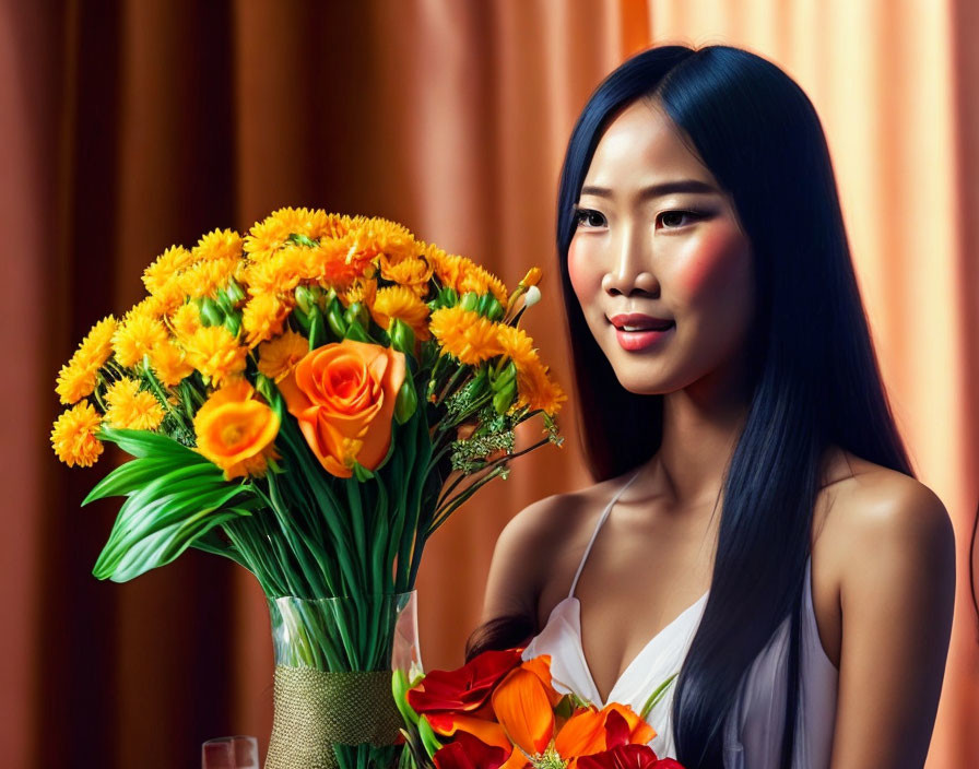 Woman with long black hair holding bouquet of orange roses and yellow flowers