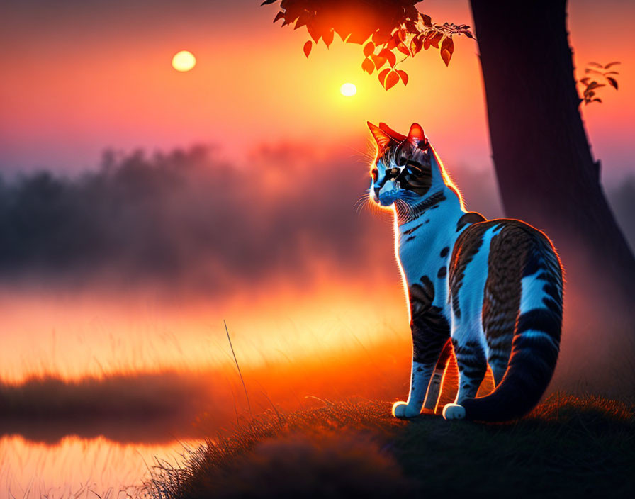 Cat with striking markings by tree at sunset with orange glow and hazy atmosphere