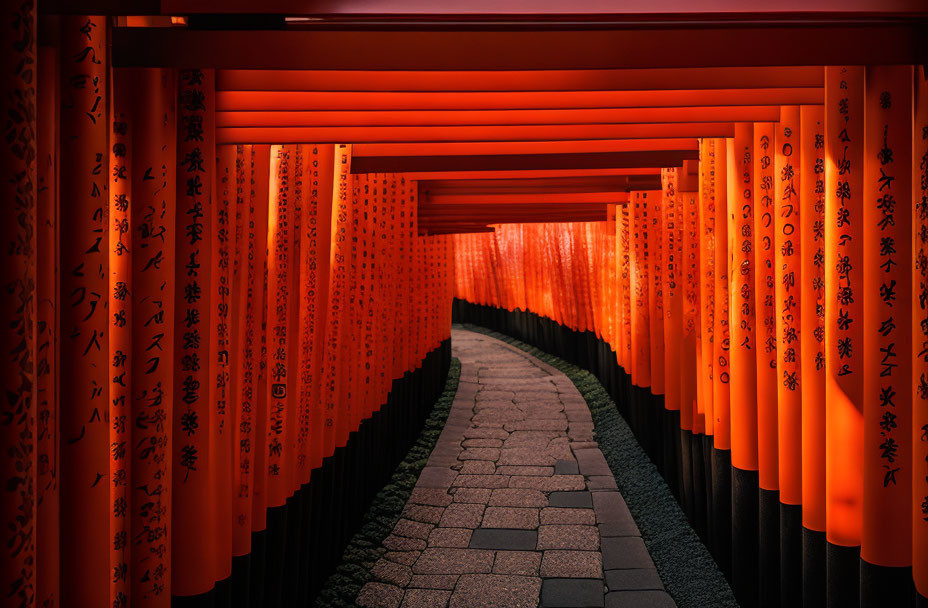 Japanese Shrine Torii Gates Tunnel with Inscriptions