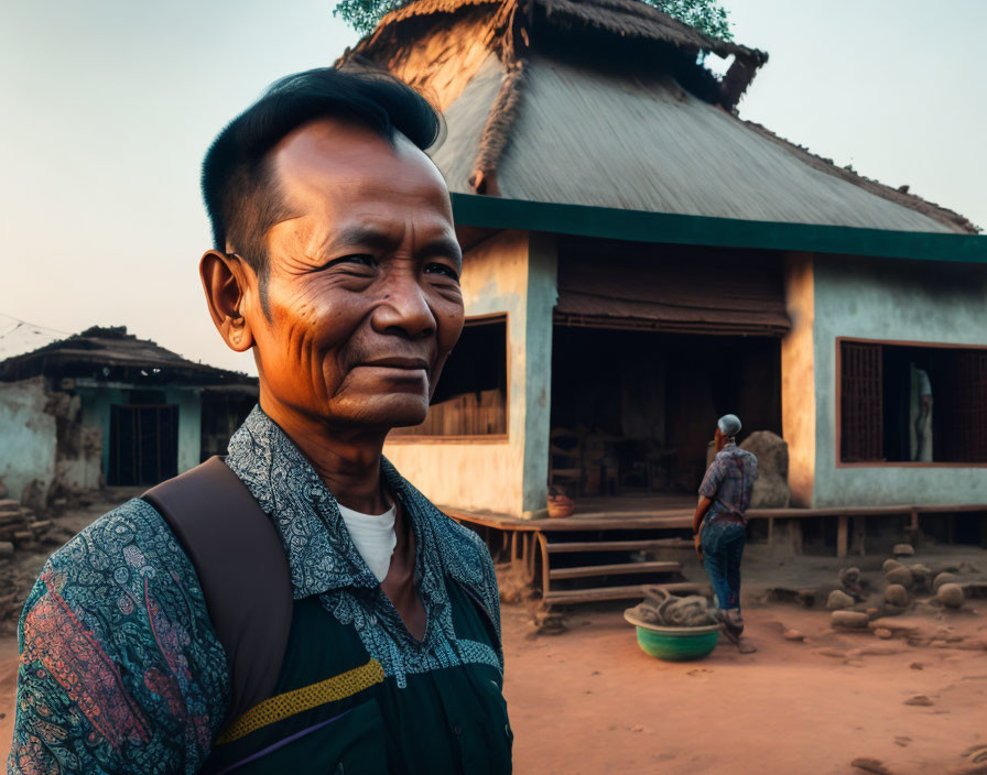 Elderly man in patterned shirt in village setting at dusk