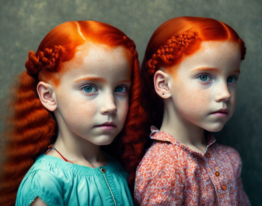 Young girls with red hair and blue eyes in intricate braids against a moody backdrop.