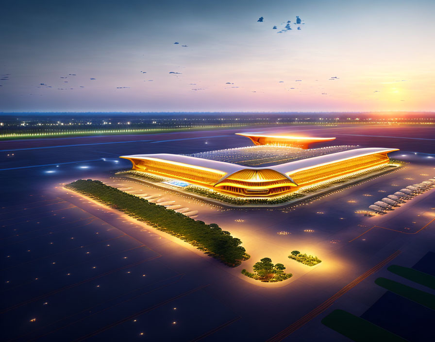 Futuristic illuminated airport terminal at dusk