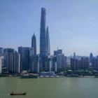 Modern city skyline with skyscrapers, cloudy sky, and watercraft on water.