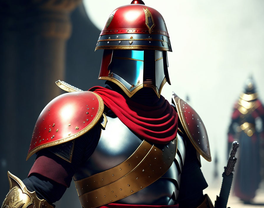 Knight in Red and Gold Armor with Plumed Helmet in Stately Pose