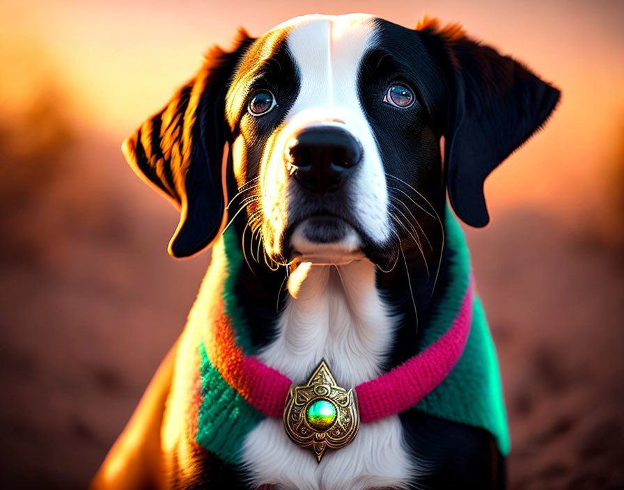 Black and White Dog with Green Jewel Collar in Warm Background