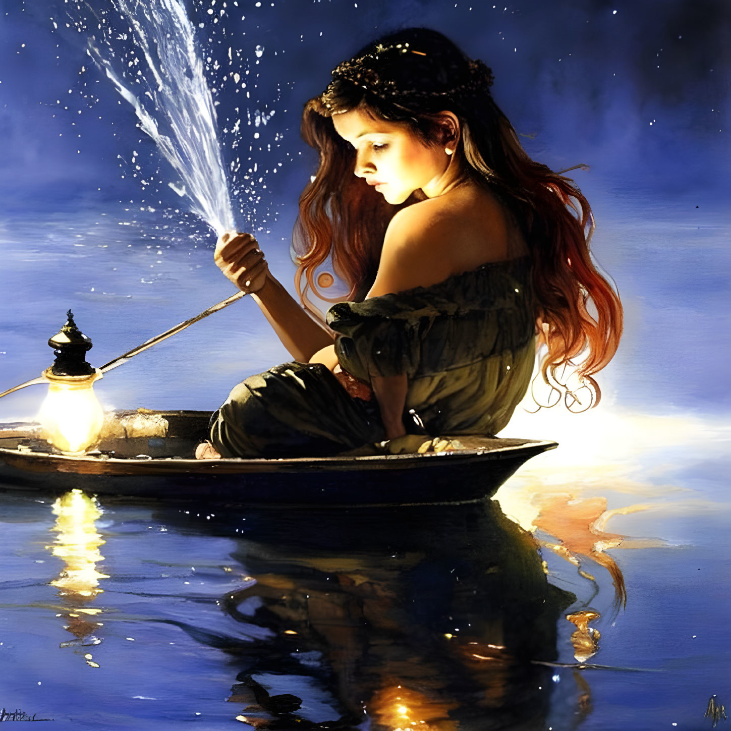 Red-haired woman in off-shoulder dress sits in boat under starry night sky