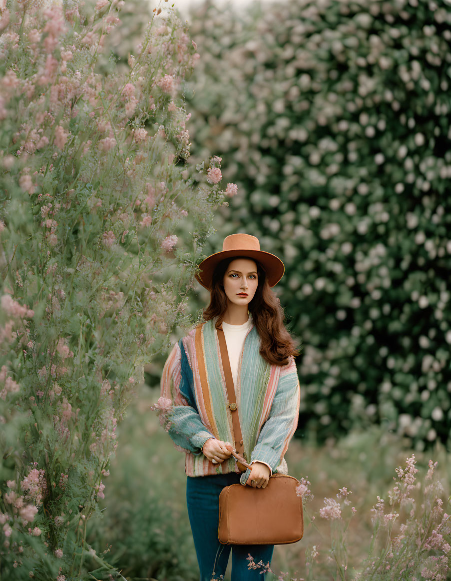 Woman in warm-toned hat and colorful cardigan surrounded by vibrant blossoms