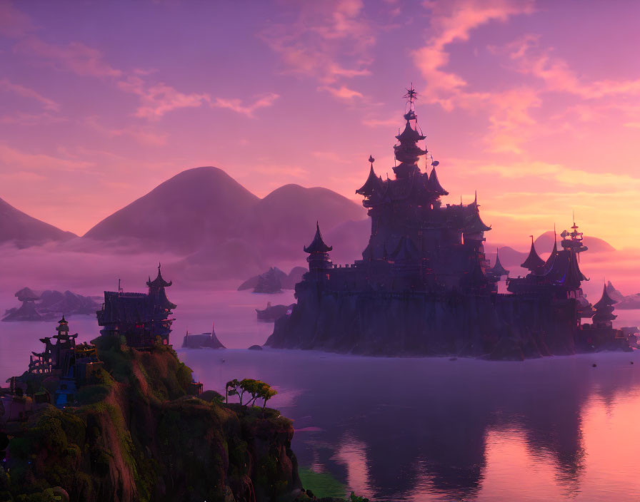 Tranquil fantasy landscape with Asian pagodas, rocky islets, calm waters, and purple