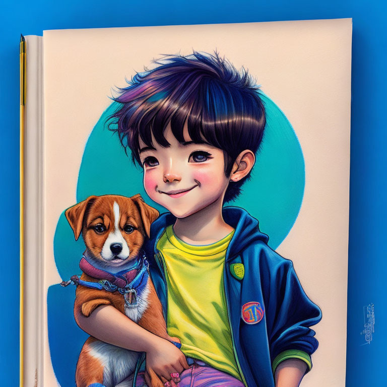 Smiling child with purple spiky haircut cuddling dog on blue book page