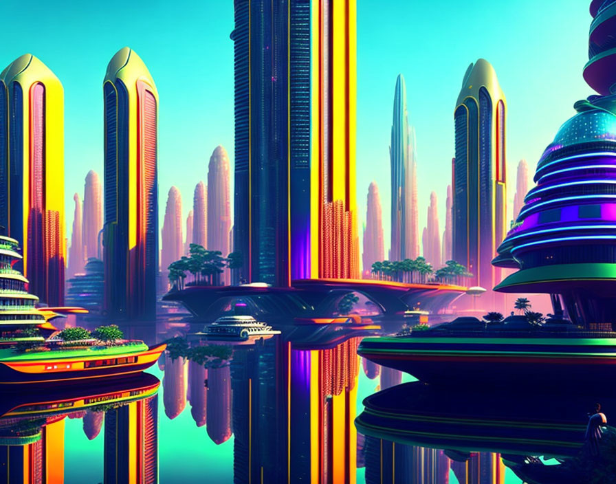 Futuristic cityscape with neon colors and towering skyscrapers