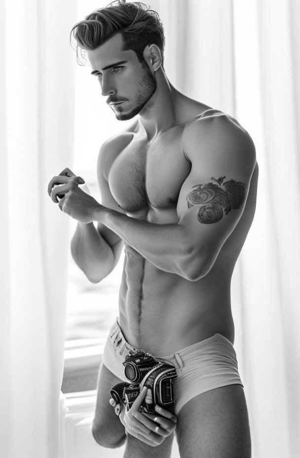 Monochrome image of shirtless man with rose tattoo, briefs, and camera