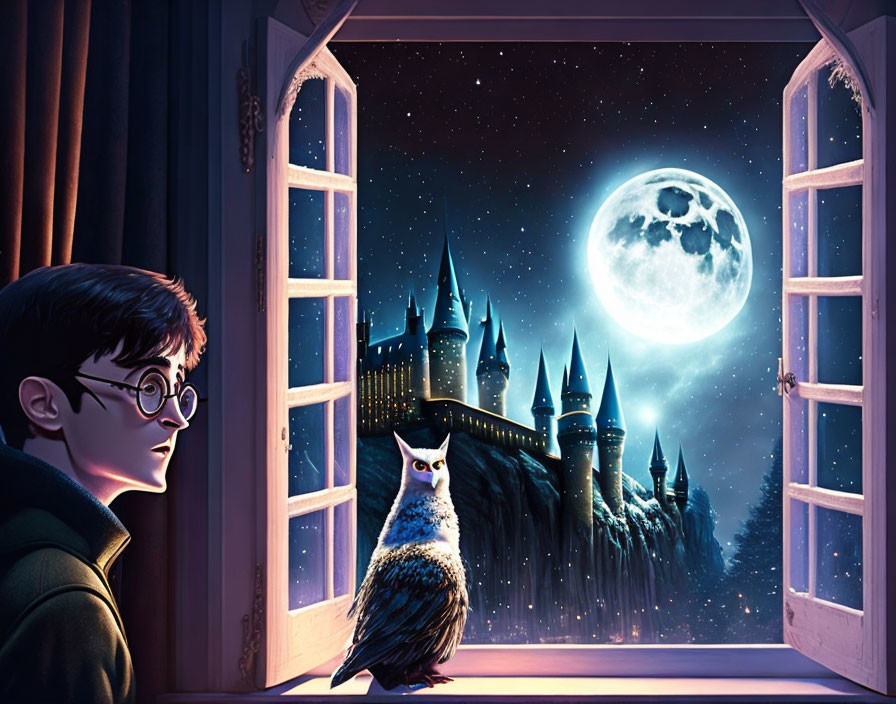 Young boy with glasses gazes at castle under full moon with owl on windowsill