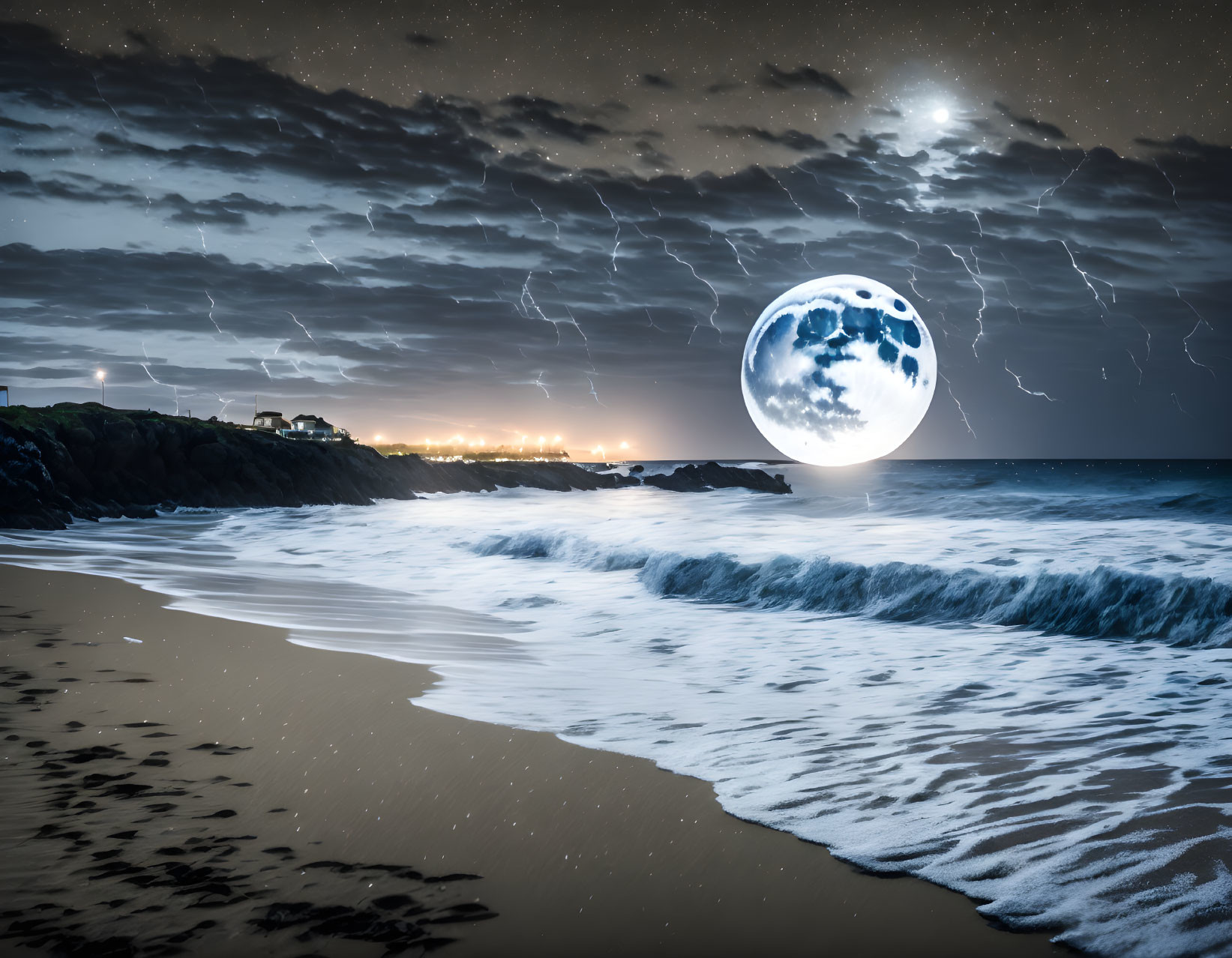Surreal moon over nighttime beach with lightning strikes