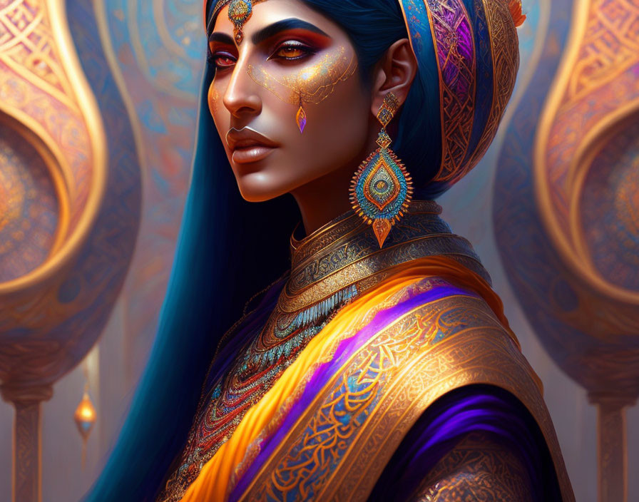 Illustrated Woman with Blue Hair and Ornate Gold Jewelry in Colorful Attire