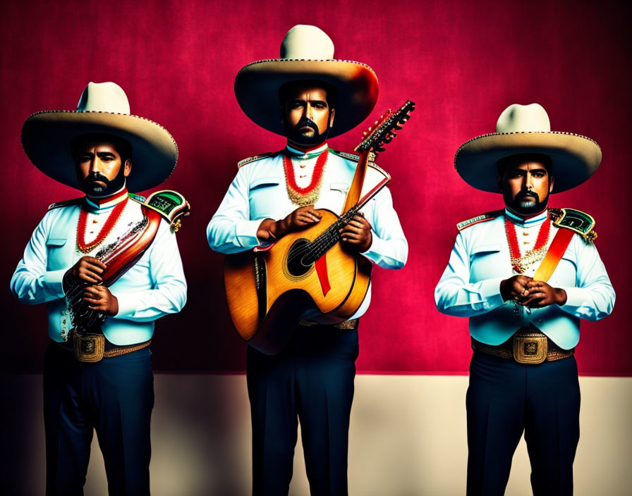 Three musicians in traditional Mariachi attire with sombreros, violin, guitar, and red backdrop