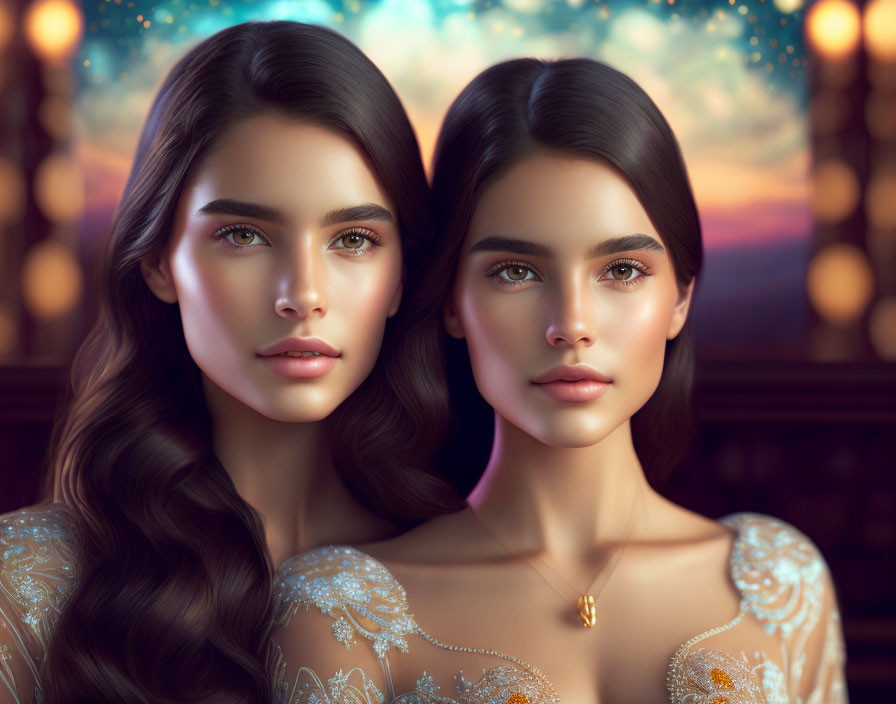 Two Women with Dark Hair in Twilight Setting
