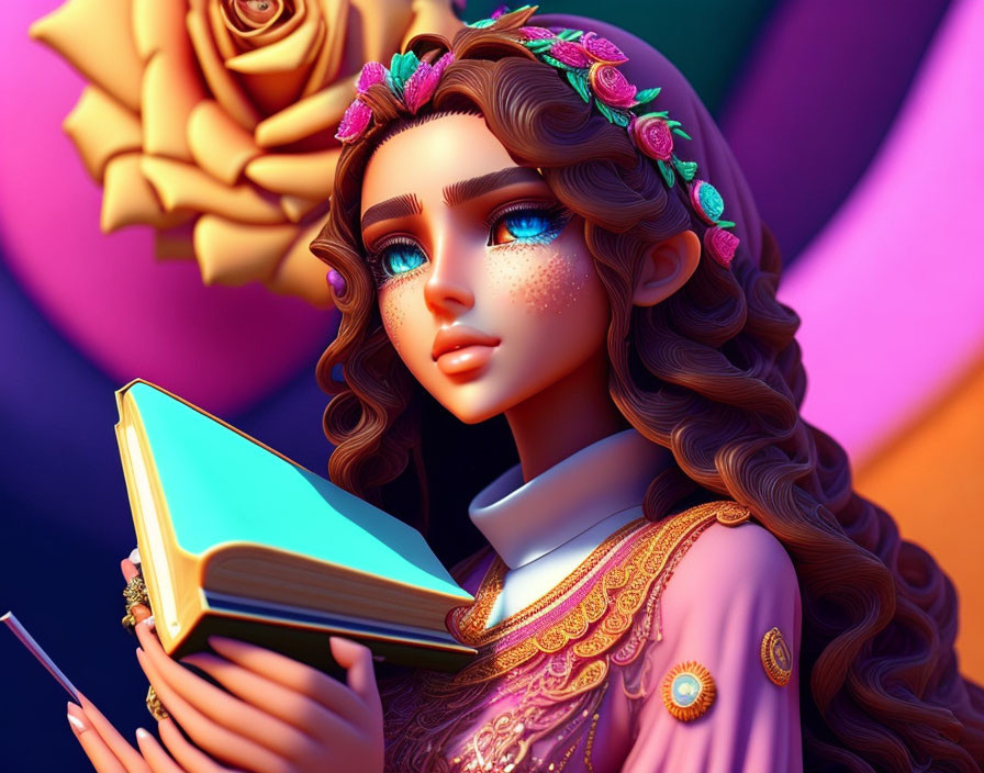 3D illustration of woman with blue eyes, curly hair, pink roses, reading book, golden orig