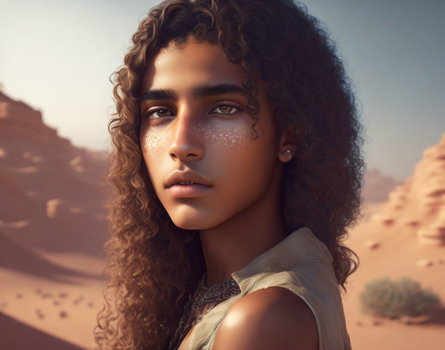 Portrait of person with curly hair, expressive eyes, and freckles in desert setting
