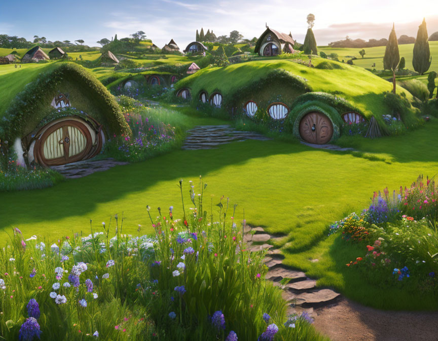 Quaint hobbit-hole dwellings in lush green hills