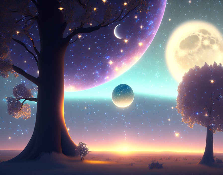 Twilight landscape with trees, vibrant sky, and glowing celestial bodies