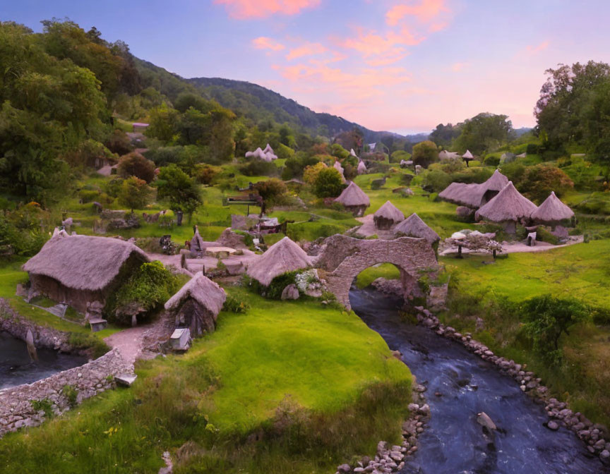 Rural cottages near stream with stone bridge in green landscape at sunset