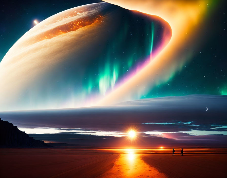 Vibrant aurora and large planet in surreal landscape