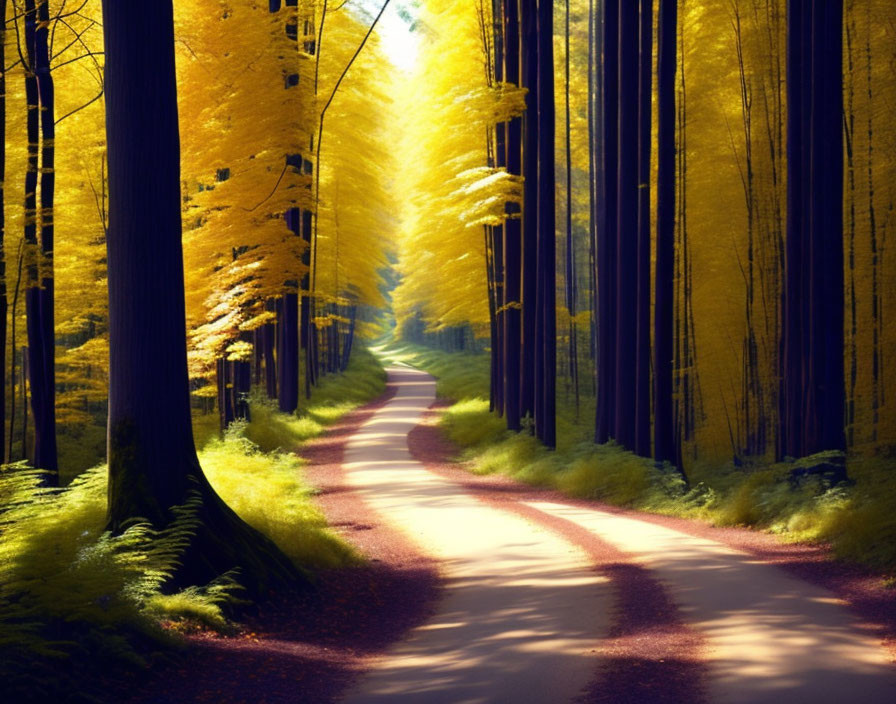 Scenic forest path with tall trees and vibrant foliage