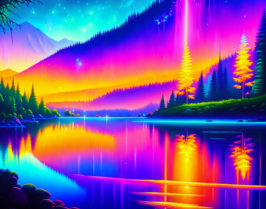 Colorful Landscape with Neon Hues, Lake Reflections, Pine Tree Silhouettes, and Northern