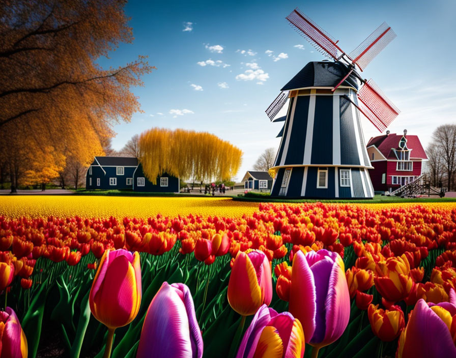 Colorful tulip field with windmill and houses under blue sky