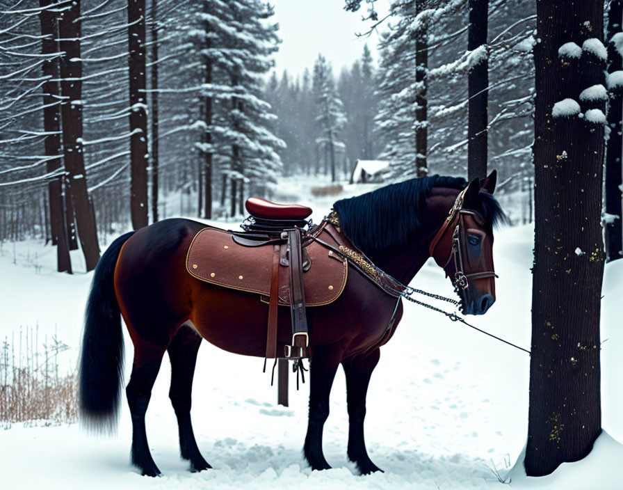 Snowy forest scene with saddled horse standing peacefully