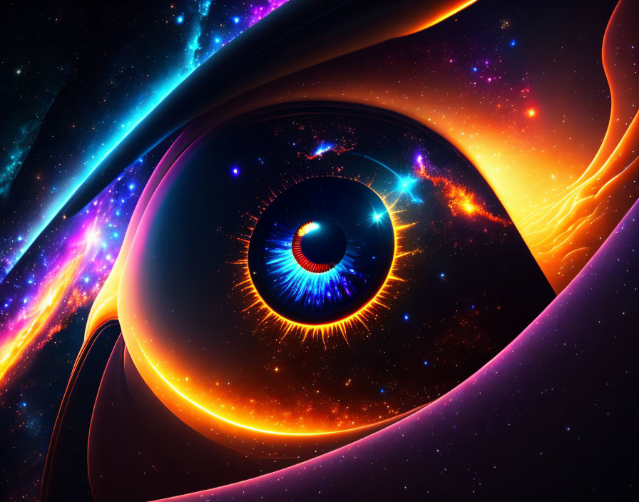 Cosmic eye digital artwork with galaxy iris and nebula swirls