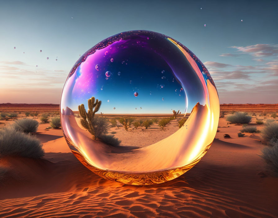 Reflective sphere showing distorted desert landscape with cacti and twilight sky.