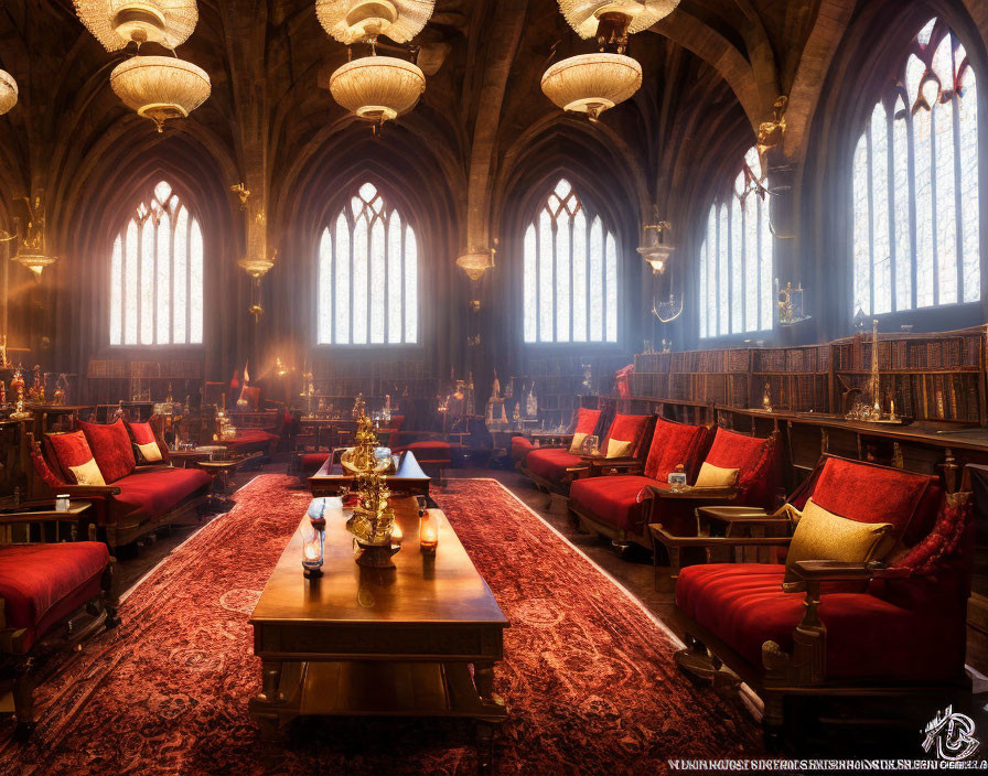 Opulent Gothic-style library with arched windows, chandeliers, red armchairs, and