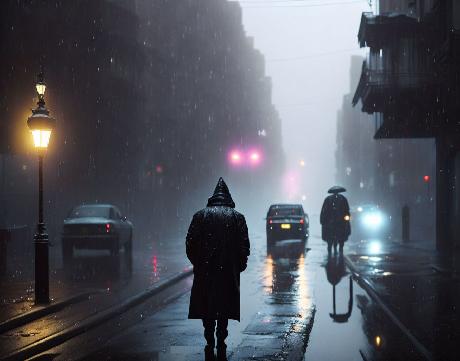 Person in hooded coat walking on rainy street at dusk with glowing street lamps and car headlights