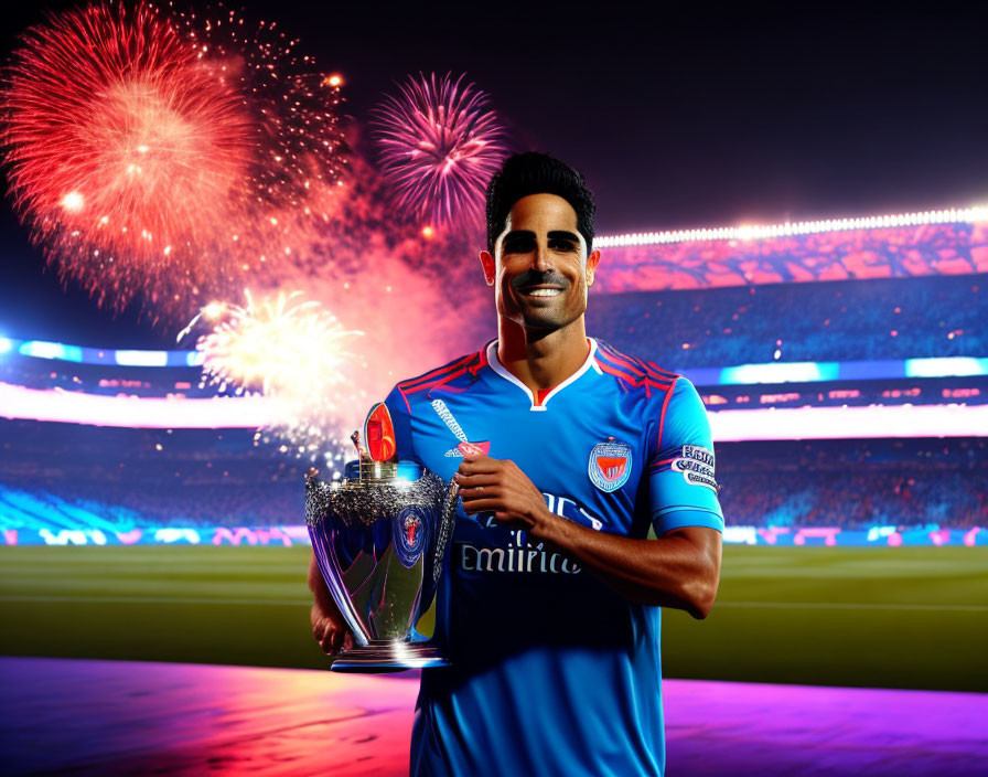Person in Blue Sports Jersey Holding Trophy with Fireworks in Stadium