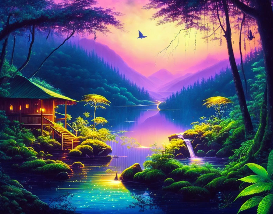 Colorful digital artwork: Forest cabin by serene lake, lush greenery, twilight sky.