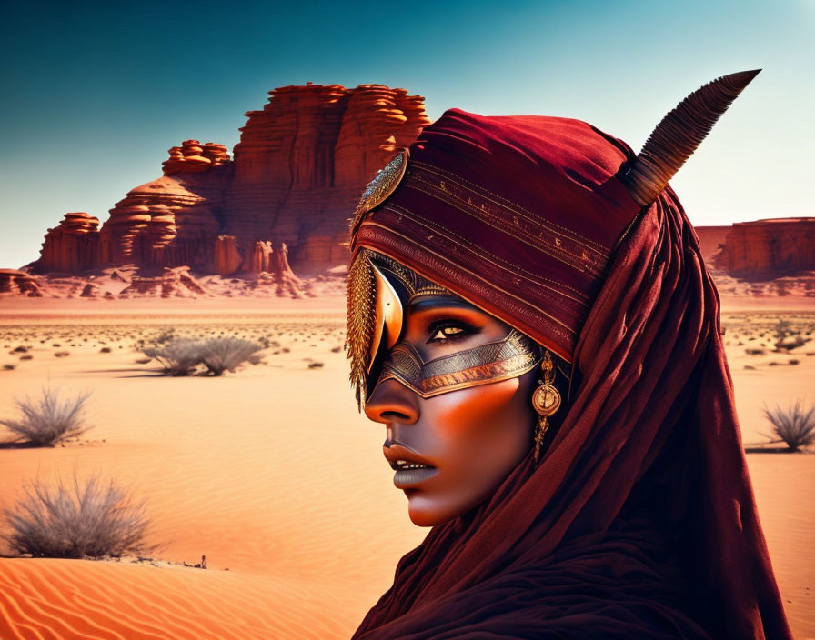 Person with striking face paint and red headscarf in mystical desert setting