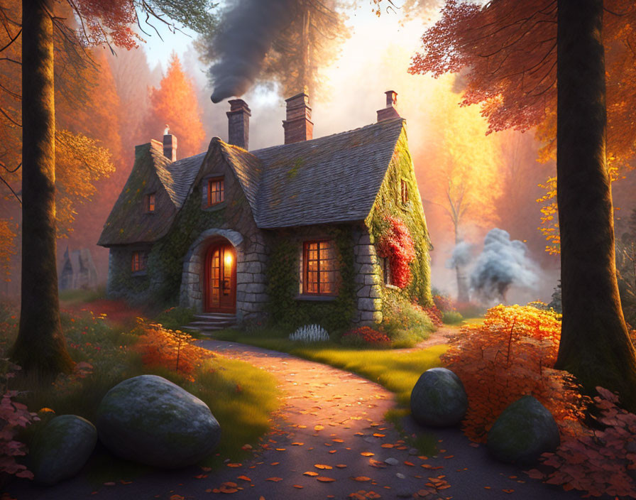 Thatched roof stone cottage in autumn forest with sunlit path