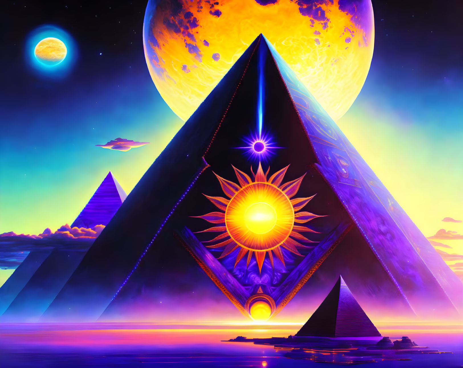 Digital artwork: Egyptian pyramid theme, colossal triangle, sun motif, luminescent ocean, celestial bodies