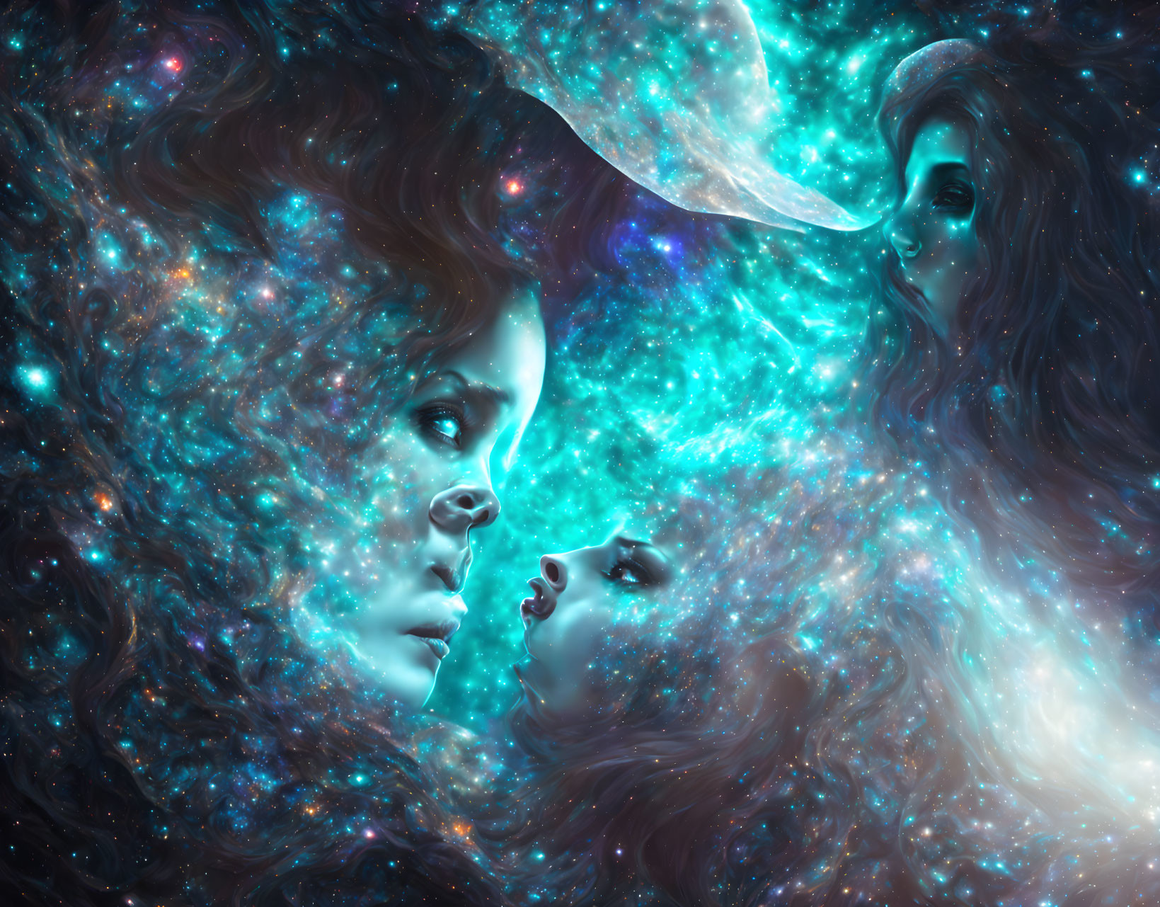 Ethereal faces merge with starry nebula under crescent moon