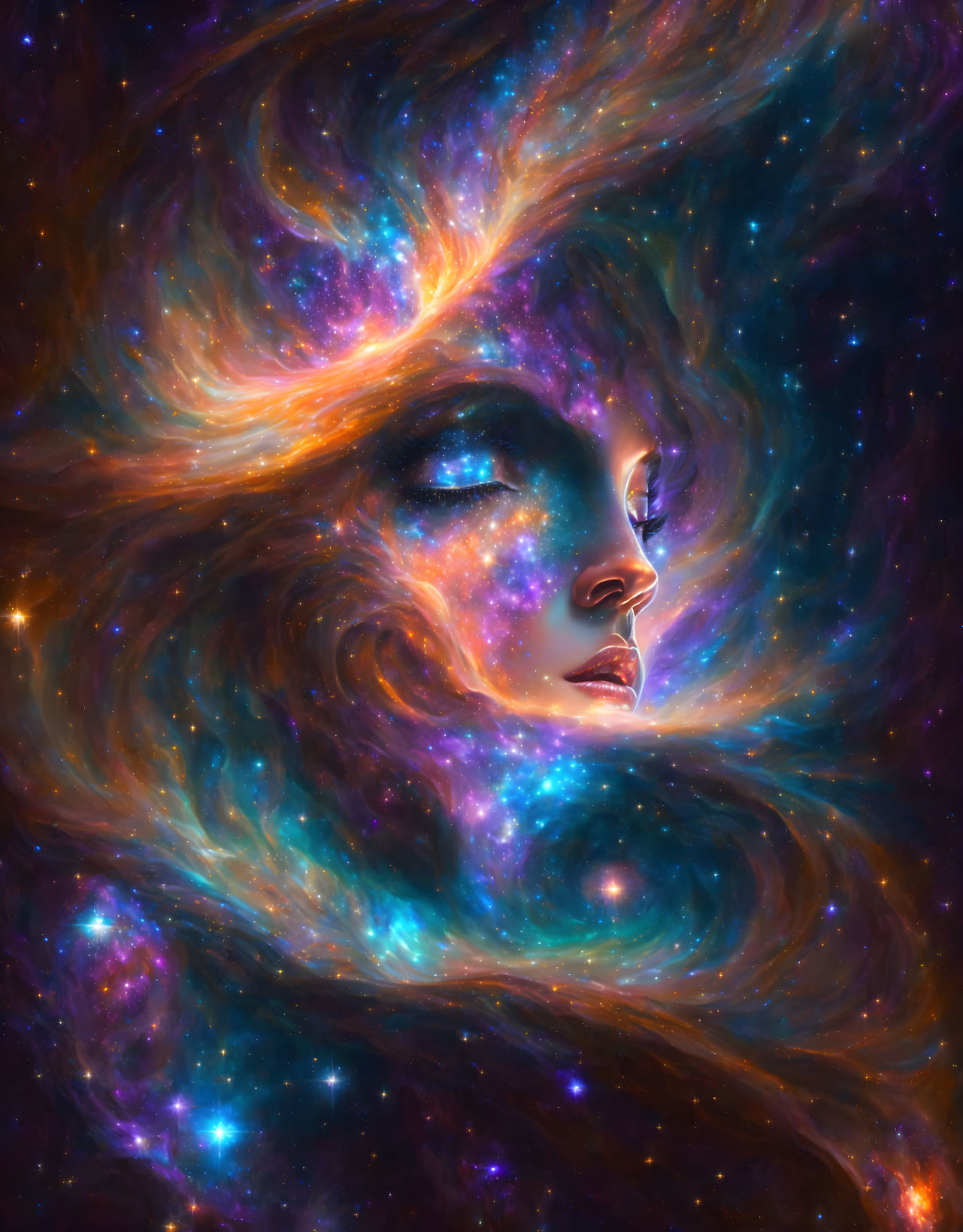 Woman's face blending with vibrant starry nebula in cosmic portrayal