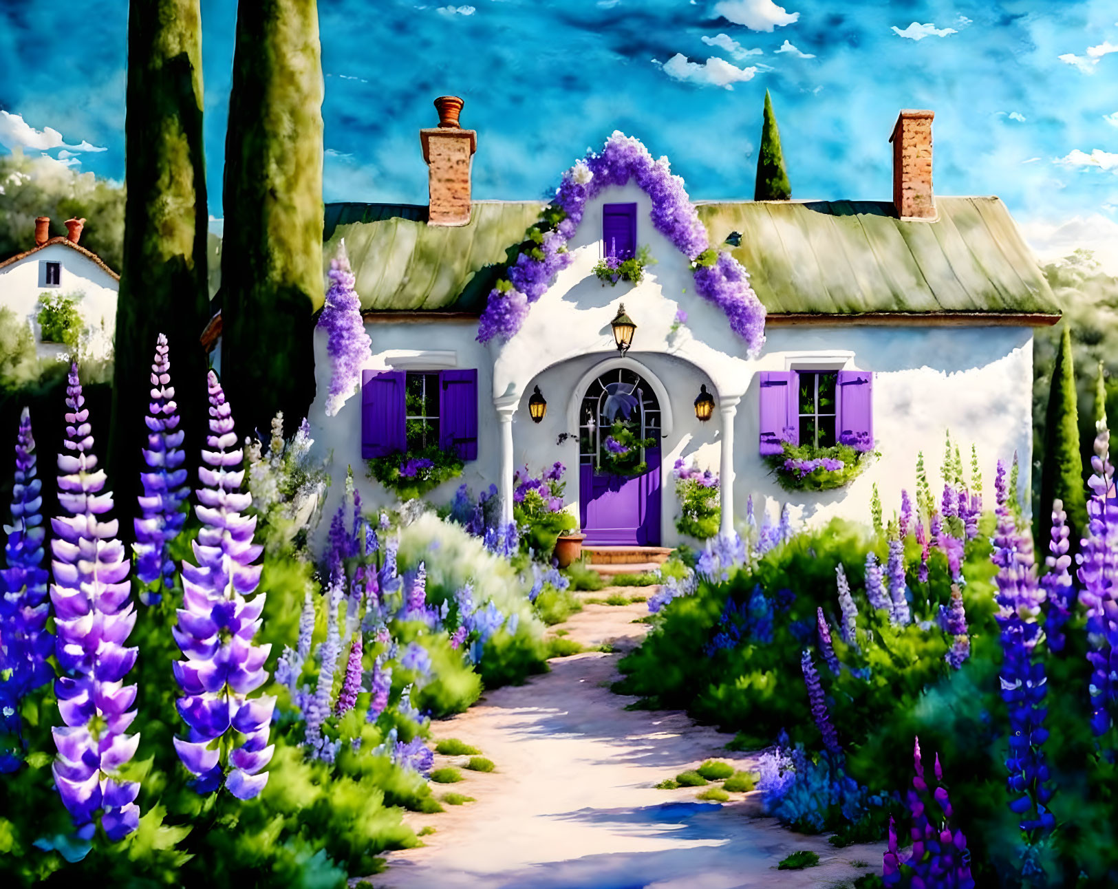 White Thatched Roof House Surrounded by Lavender Plants