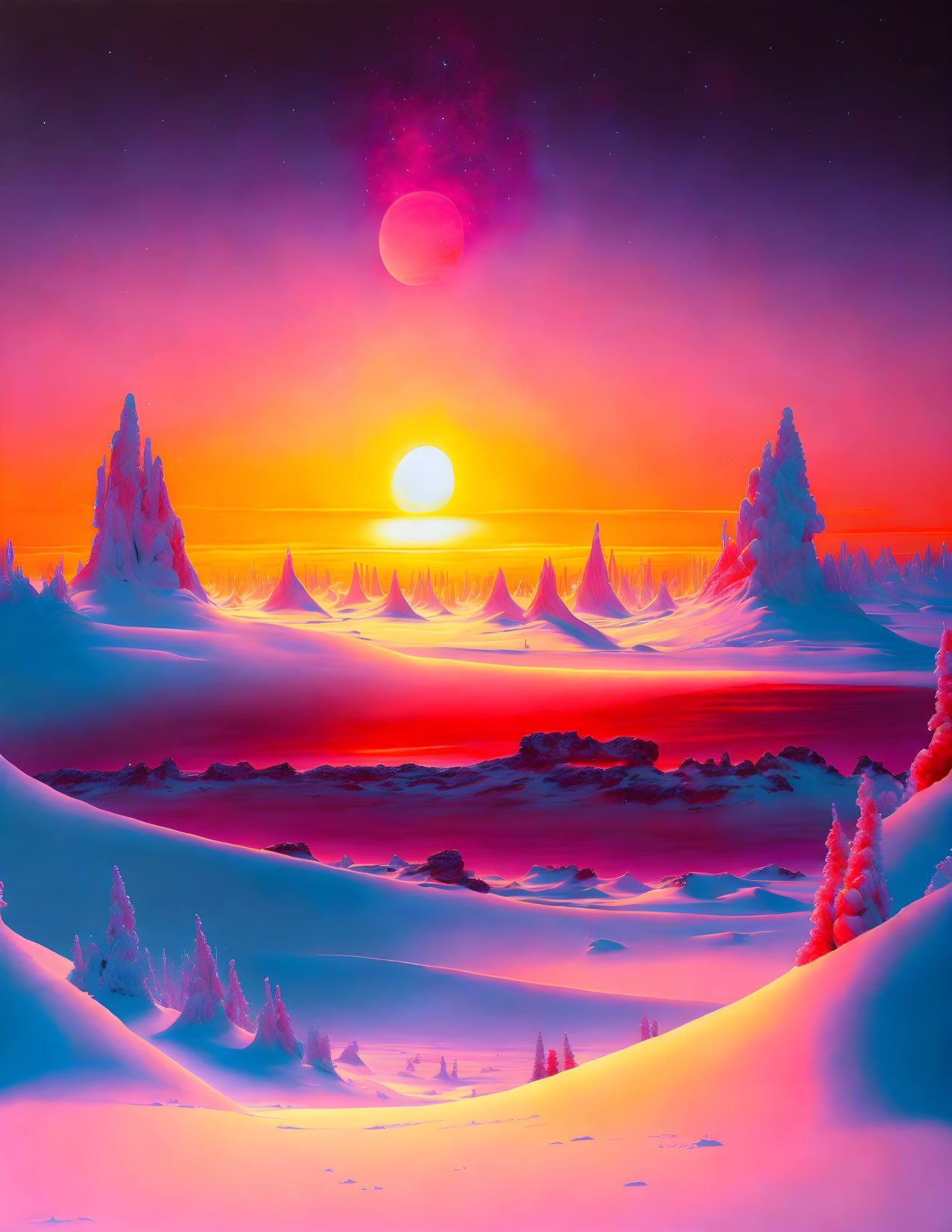 Alien landscape with dual suns setting over icy peaks