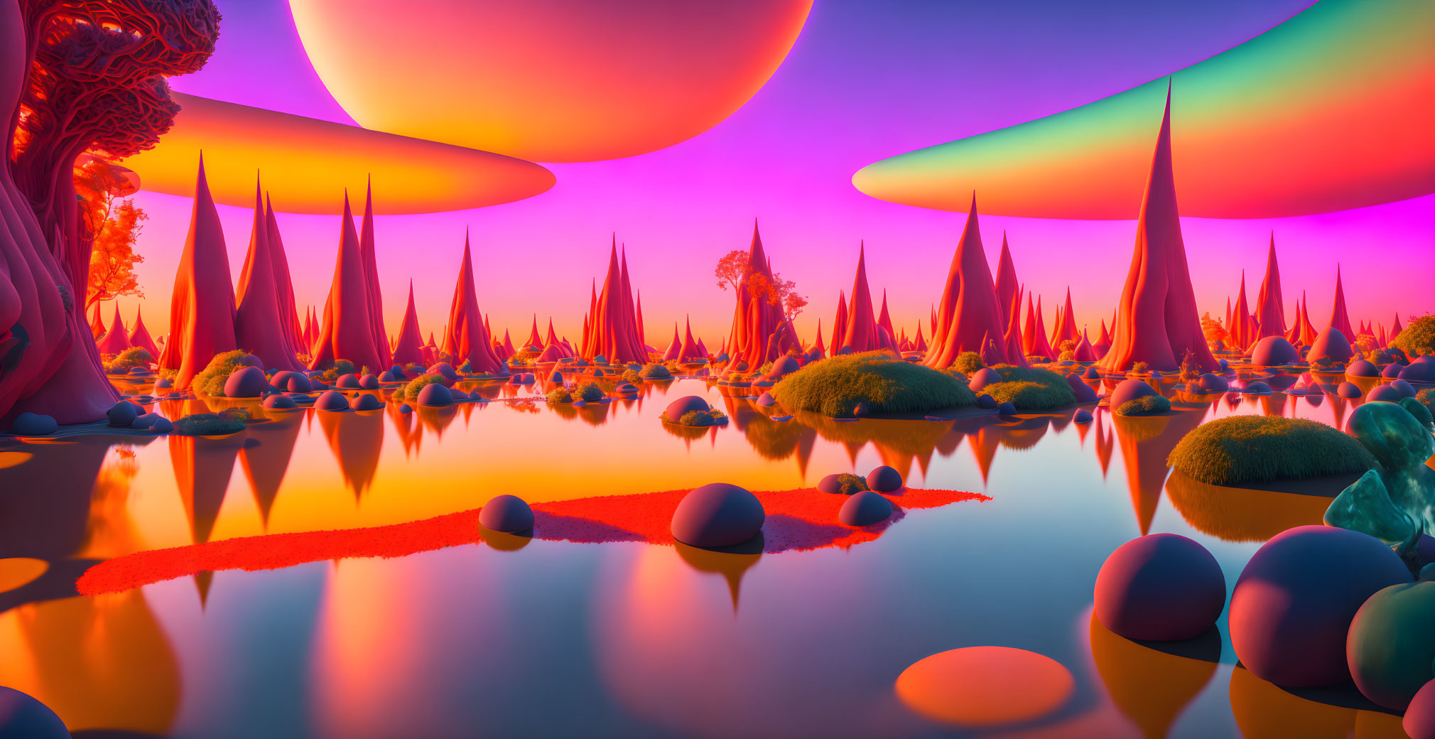 Colorful Alien Landscape with Spheres, Spiky Structures, and Reflective Water